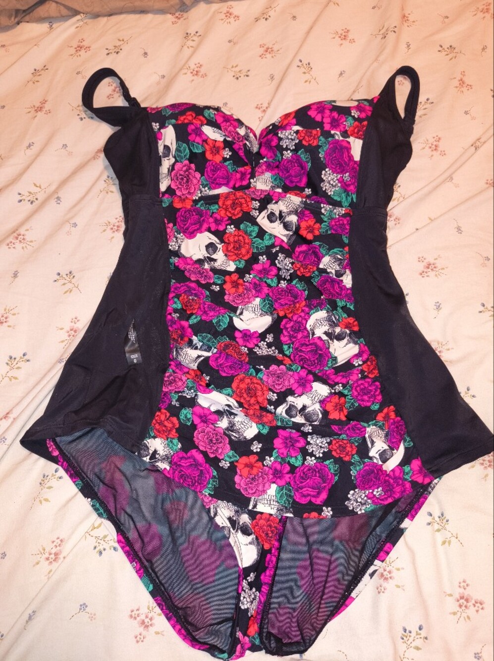 Torrid Black Swimsuit with Fuchsia and Red Floral Print Skull Design